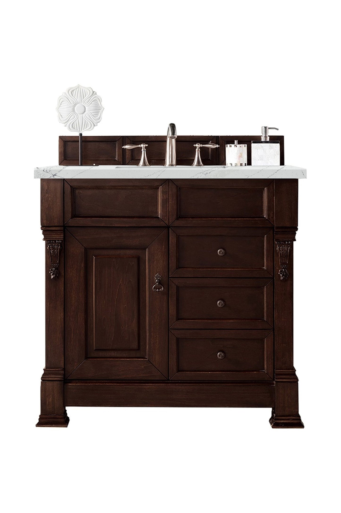 Brookfield 36" Single Vanity, Burnished Mahogany w/ 3 CM Ethereal Noctis Quartz Top