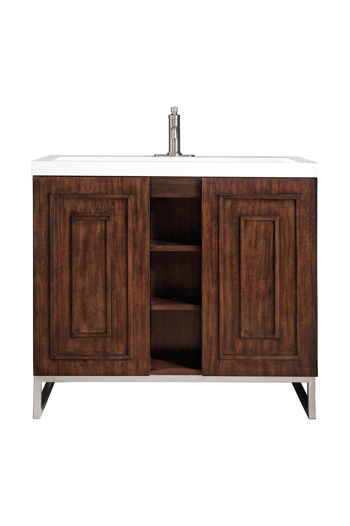 Alicante 39.5" Single Vanity, Mid-Century Acacia, Brushed Nickel w/ White Glossy Composite Stone Top