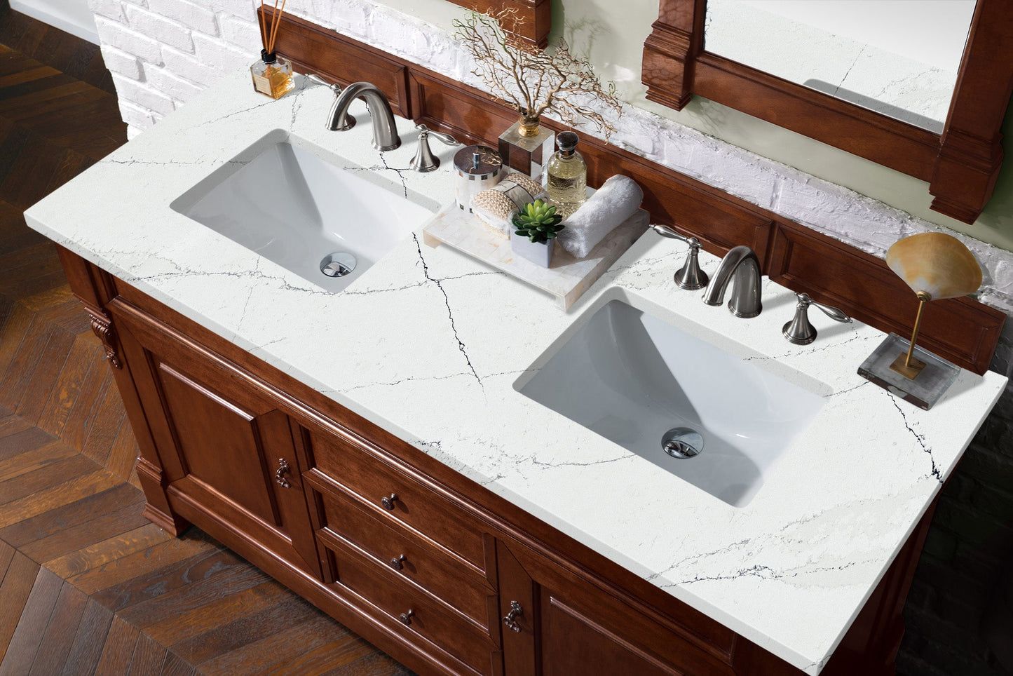 Brookfield 60" Double Vanity, Warm Cherry w/ 3 CM Ethereal Noctis Quartz Top