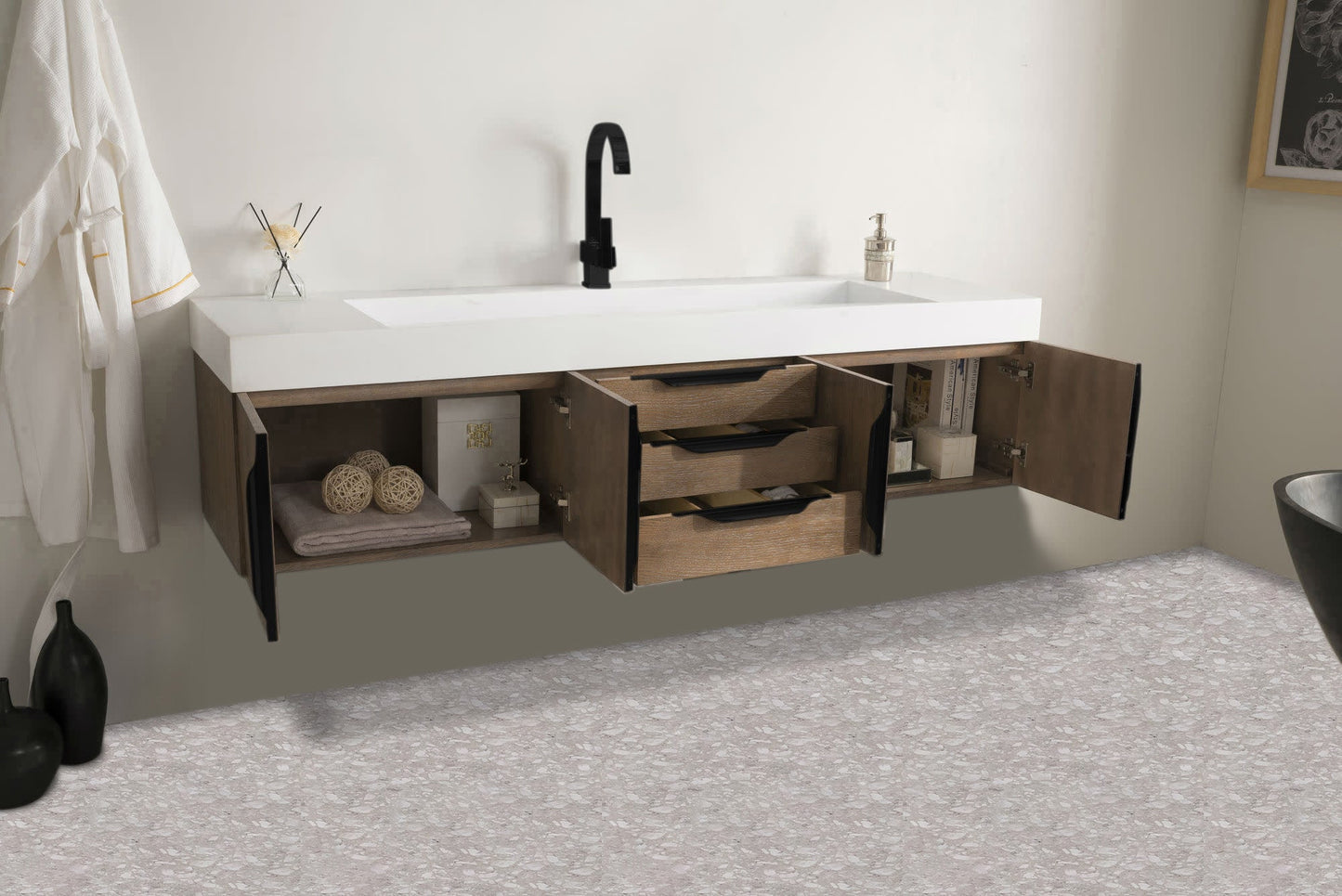 Mercer Island 72" Single Vanity, Latte Oak, Matte Black w/ Glossy White Composite Stone Top