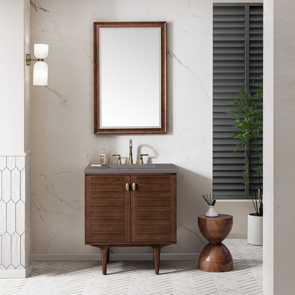 Amberly 30 Single Vanity, Mid-Century Walnut w/ 3 CM Grey Expo Top