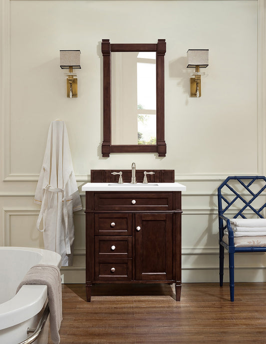 Brittany 30" Single Vanity, Burnished Mahogany, w/ 3 CM White Zeus Quartz Top