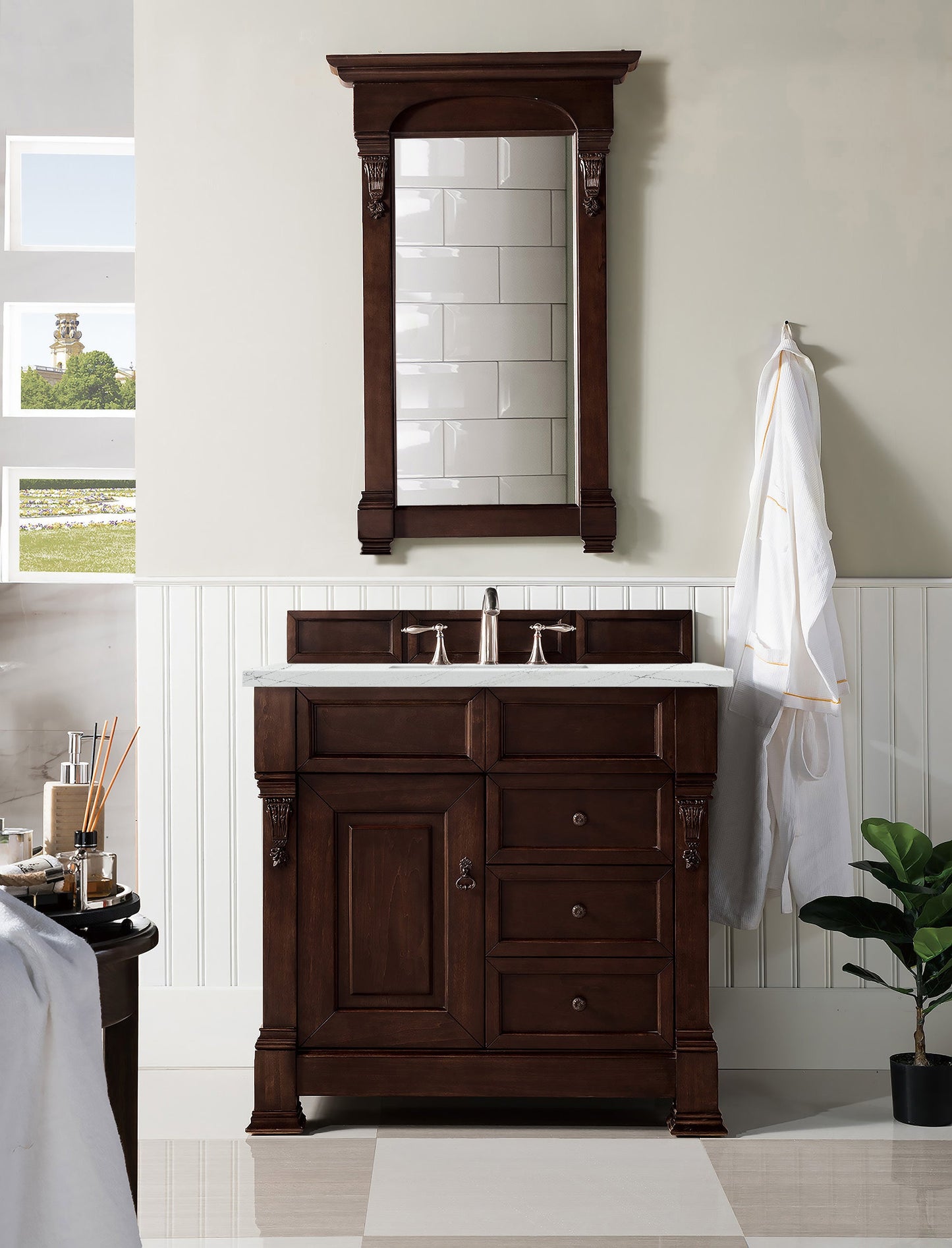 Brookfield 36" Single Vanity, Burnished Mahogany w/ 3 CM Ethereal Noctis Quartz Top