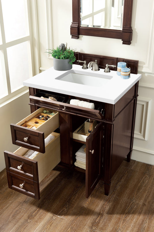 Brittany 30" Single Vanity, Burnished Mahogany, w/ 3 CM White Zeus Quartz Top