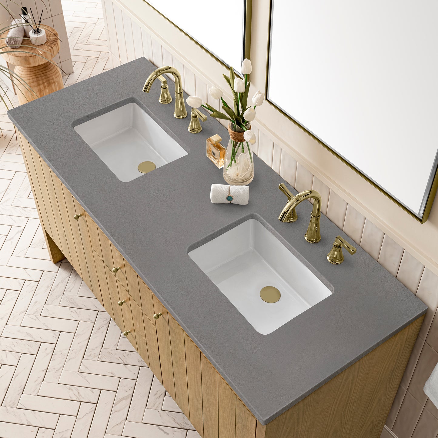 Hudson 60" Double Vanity, Light Natural Oak w/ 3 CM Grey Expo Top