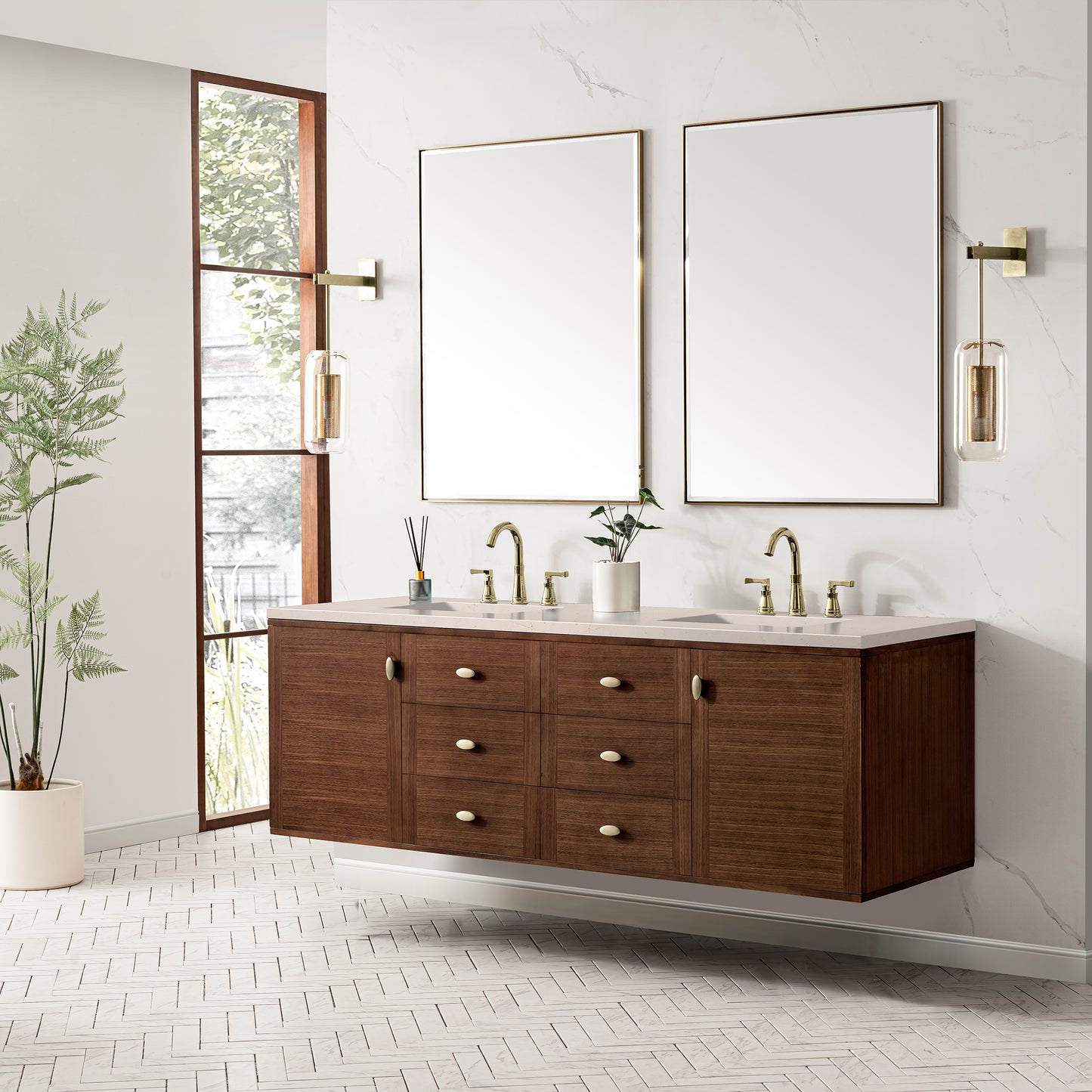 Amberly 72" Double Vanity, Mid-Century Walnut w/ 3 CM Eternal Marfil Top