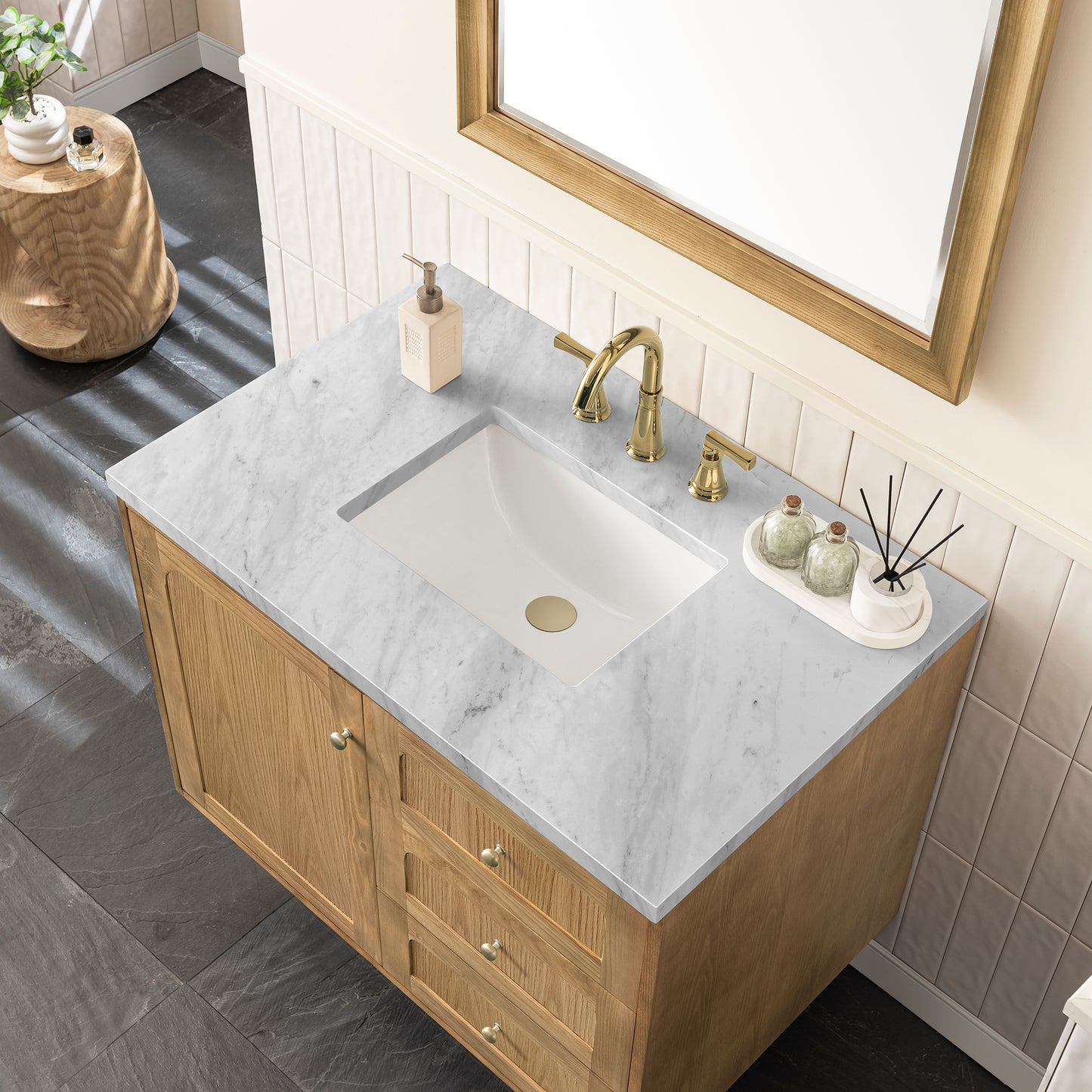 Laurent 36" Single Vanity, Light Natural Oak w/ 3 CM Carrara Marble Top