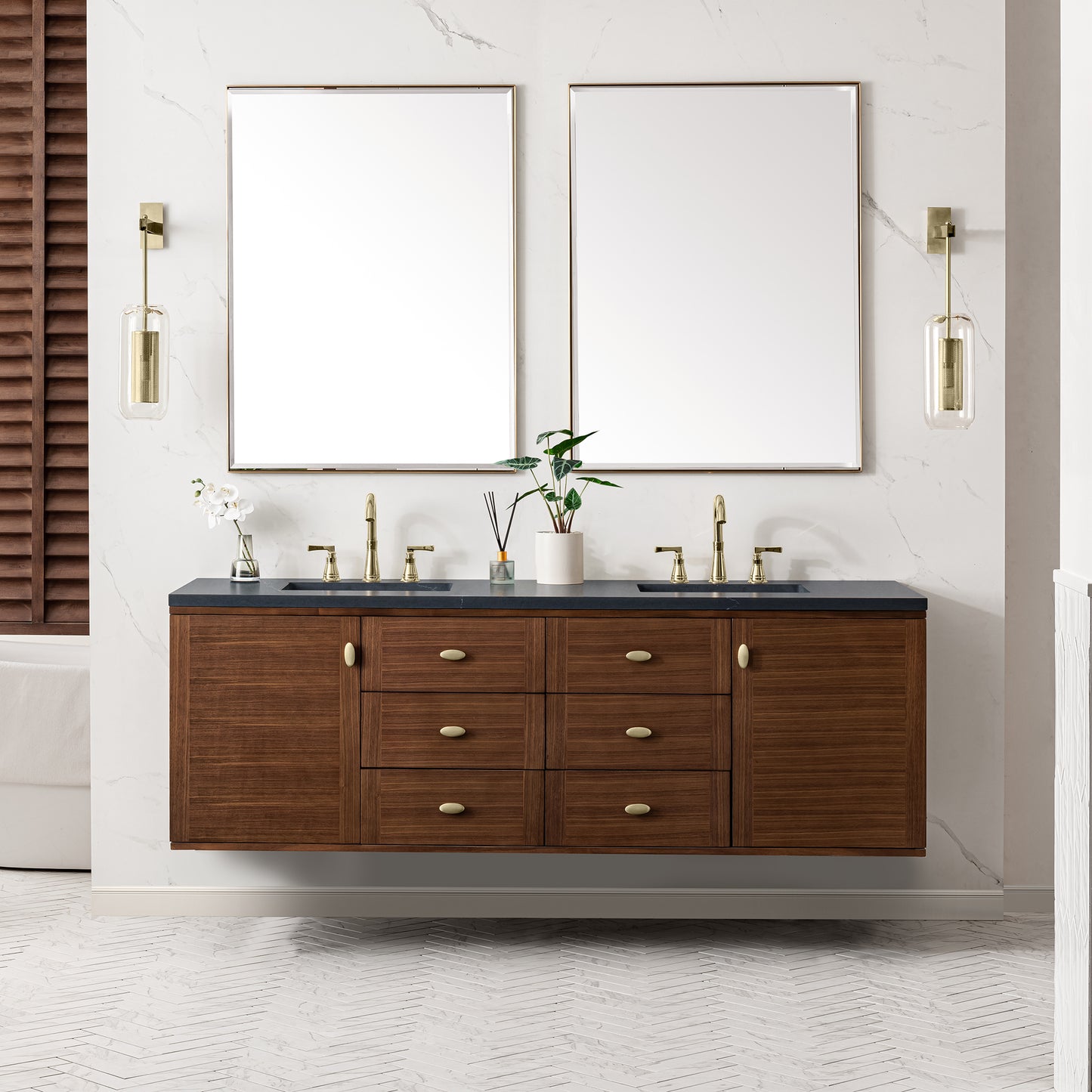 Amberly 72" Double Vanity, Mid-Century Walnut w/ 3 CM Charcoal Soapstone Top