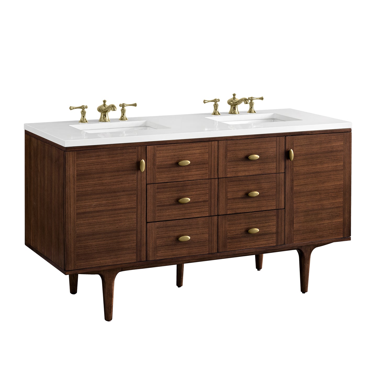 Amberly 60" Double Vanity, Mid-Century Walnut w/ 3 CM White Zeus Top