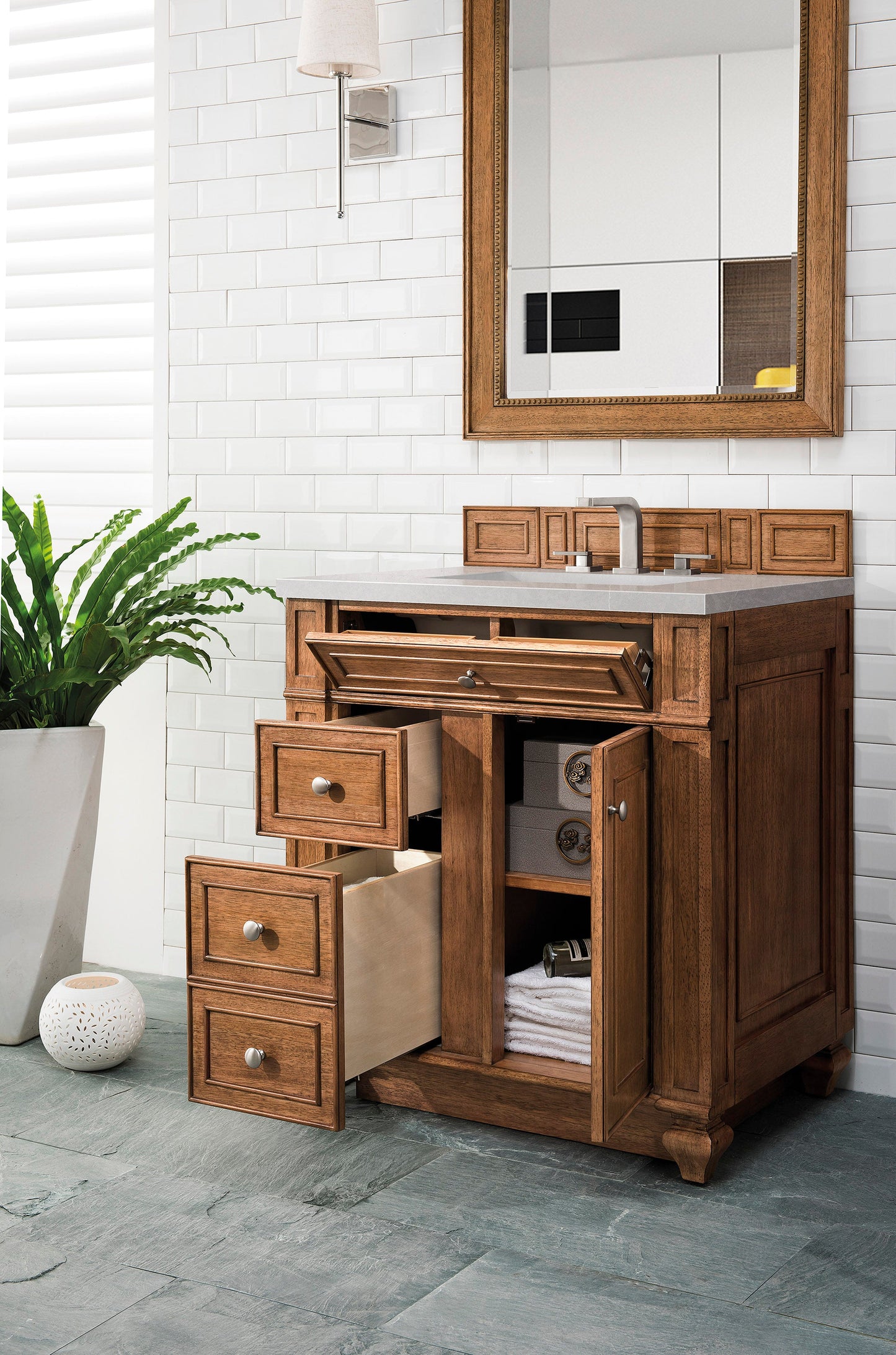 Bristol 30" Single Vanity, Saddle Brown w/ 3 CM Eternal Serena Quartz Top