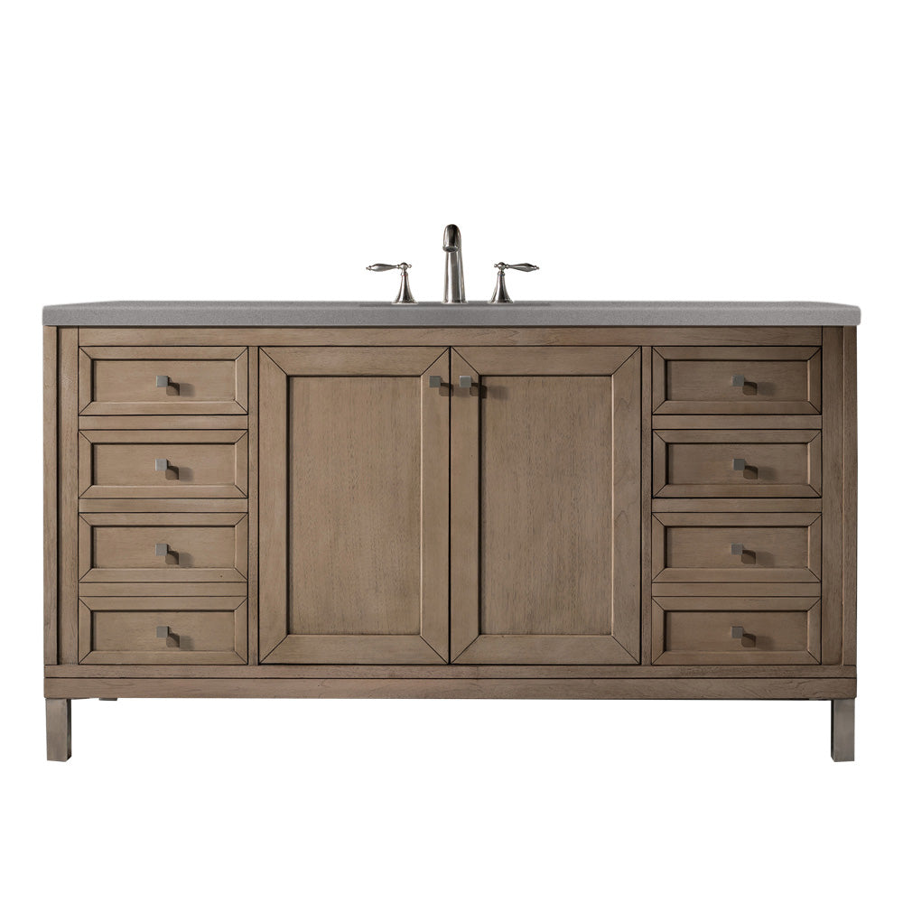 Chicago 60" Single Vanity, Whitewashed Walnut w/ 3 CM Grey Expo Quartz Top