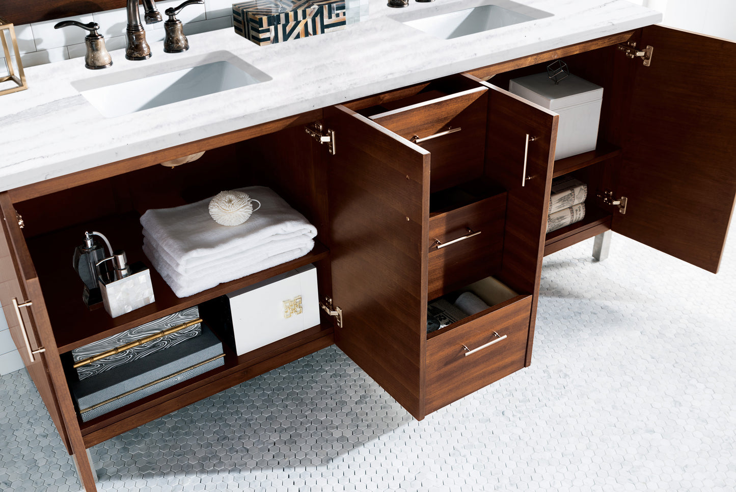 Metropolitan 72" Double Vanity, American Walnut w/ 3 CM Arctic Fall Solid Surface Top