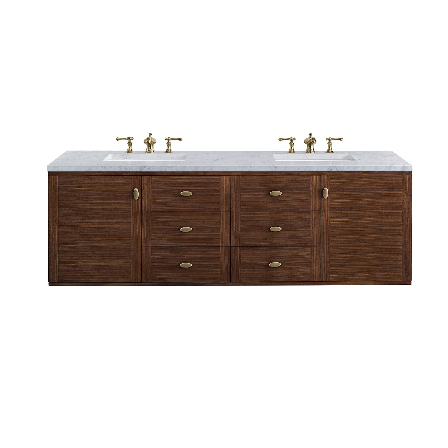 Amberly 72" Double Vanity, Mid-Century Walnut w/ 3 CM Carrara Marble Top