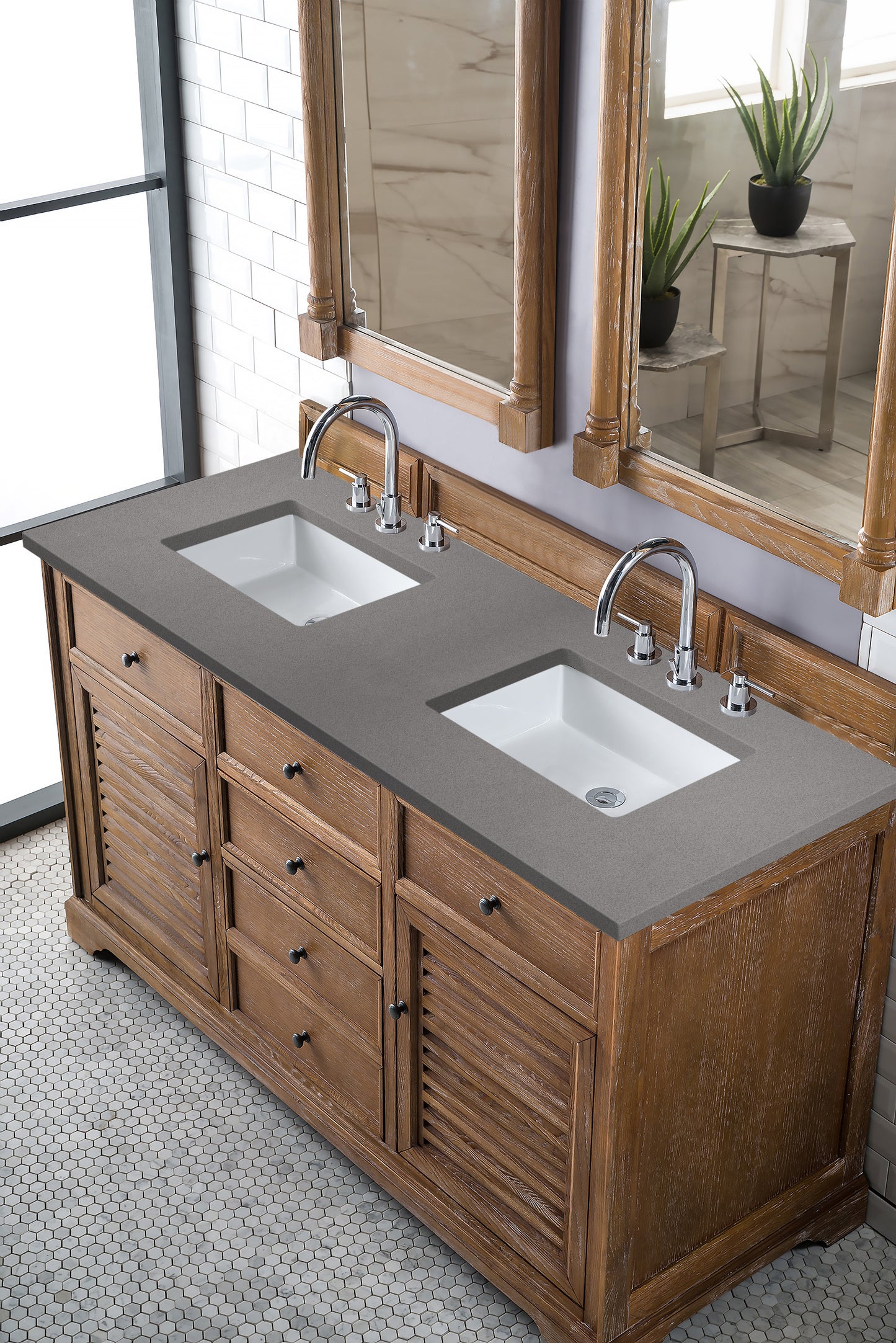 Savannah 60" Double Vanity, Driftwood w/ 3 CM Grey Expo Quartz Top