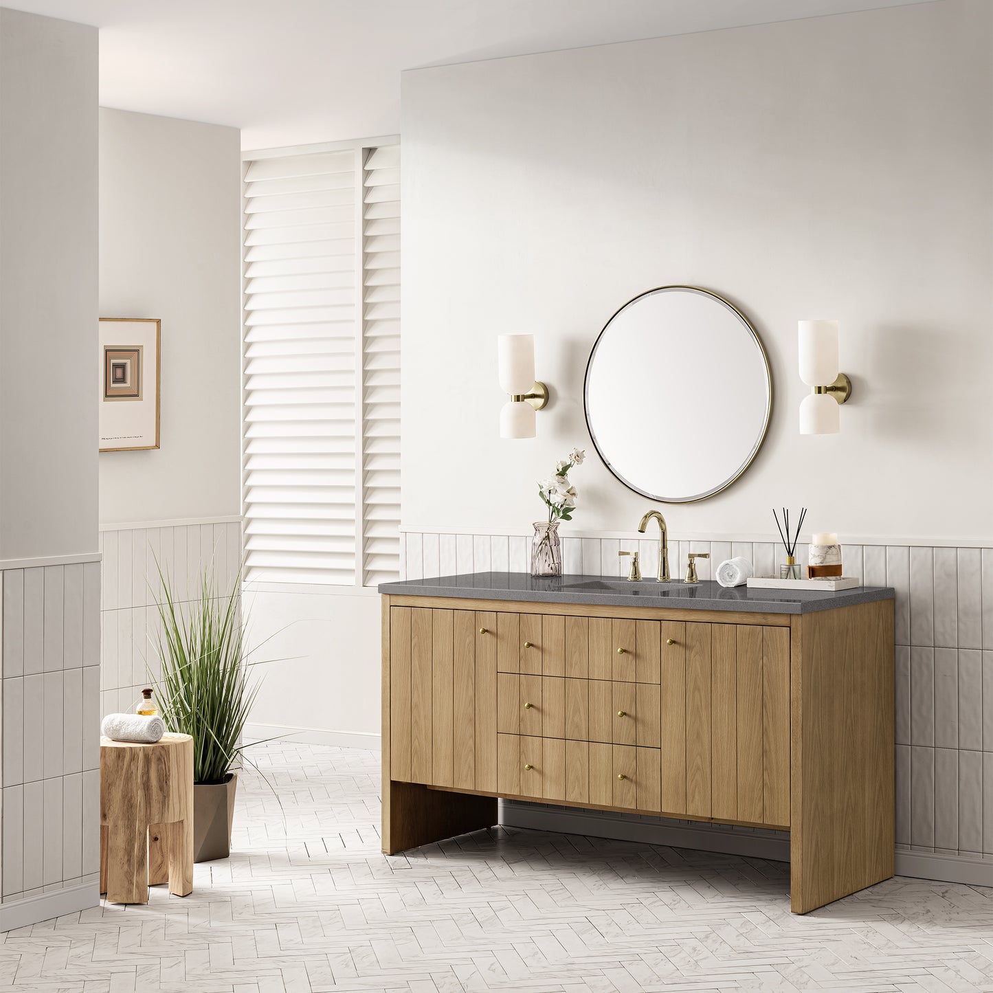 Hudson 60" Single Vanity, Light Natural Oak w/ 3 CM Grey Expo Top