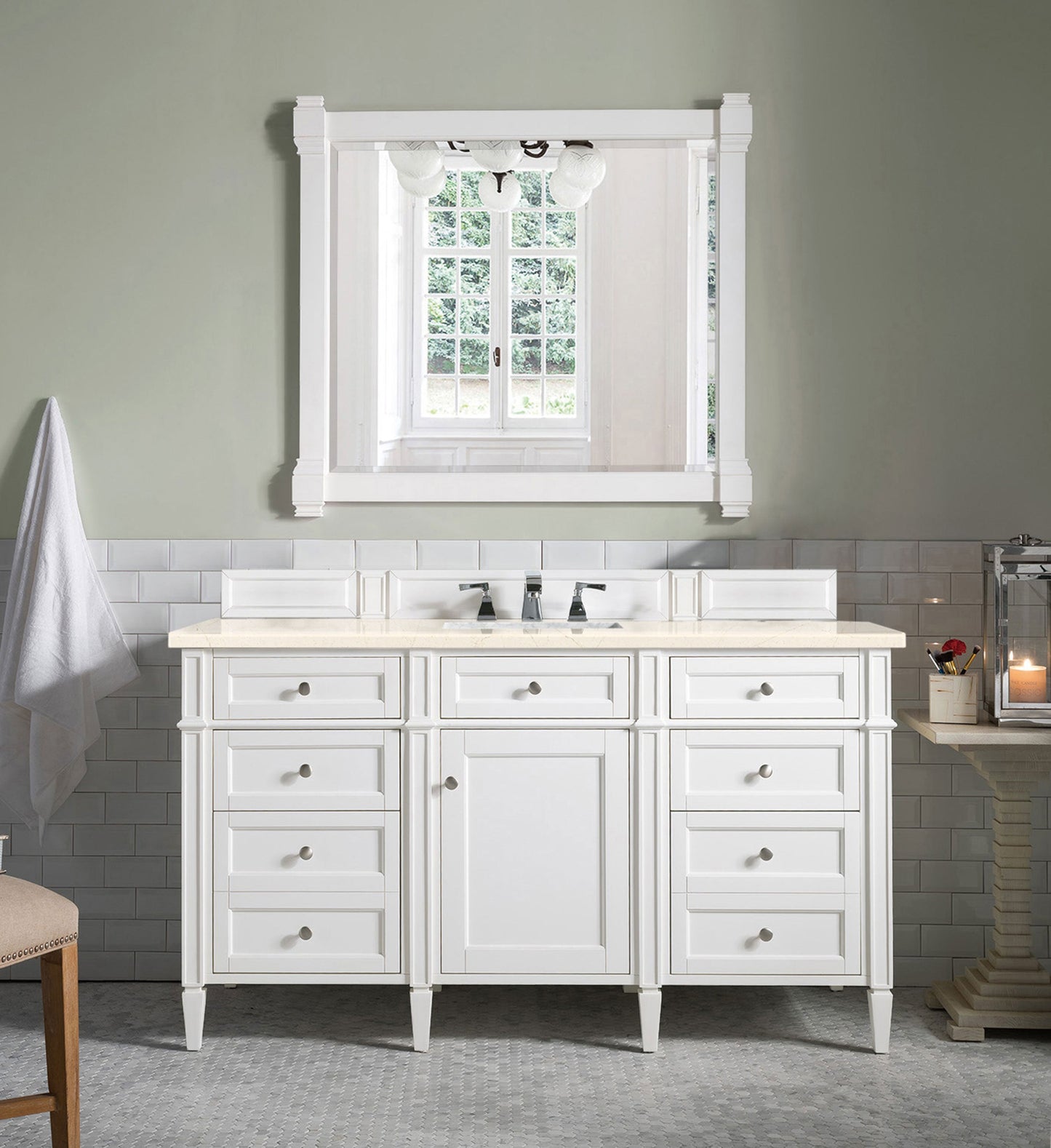 Brittany 60" Single Vanity, Bright White w/ 3 CM Eternal Marfil Quartz Top