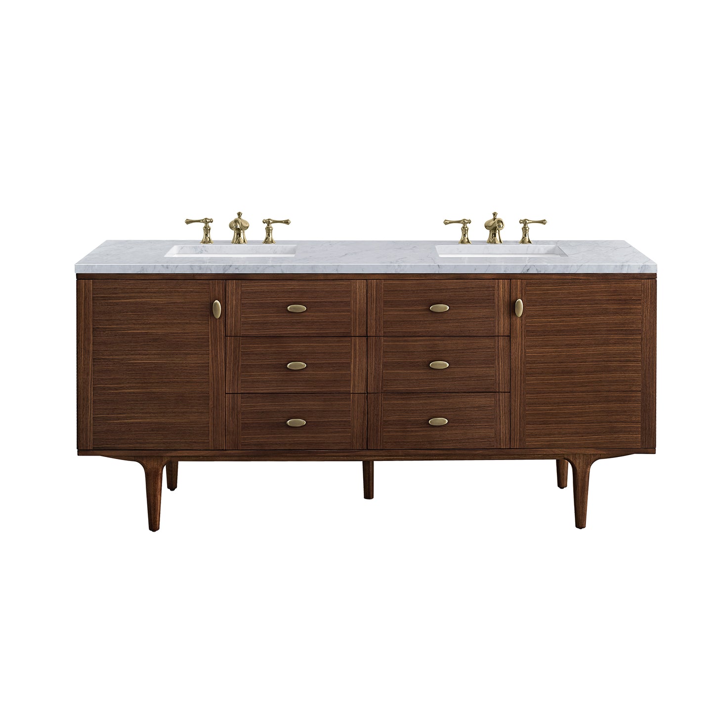 Amberly 72" Double Vanity, Mid-Century Walnut w/ 3 CM Carrara Marble Top