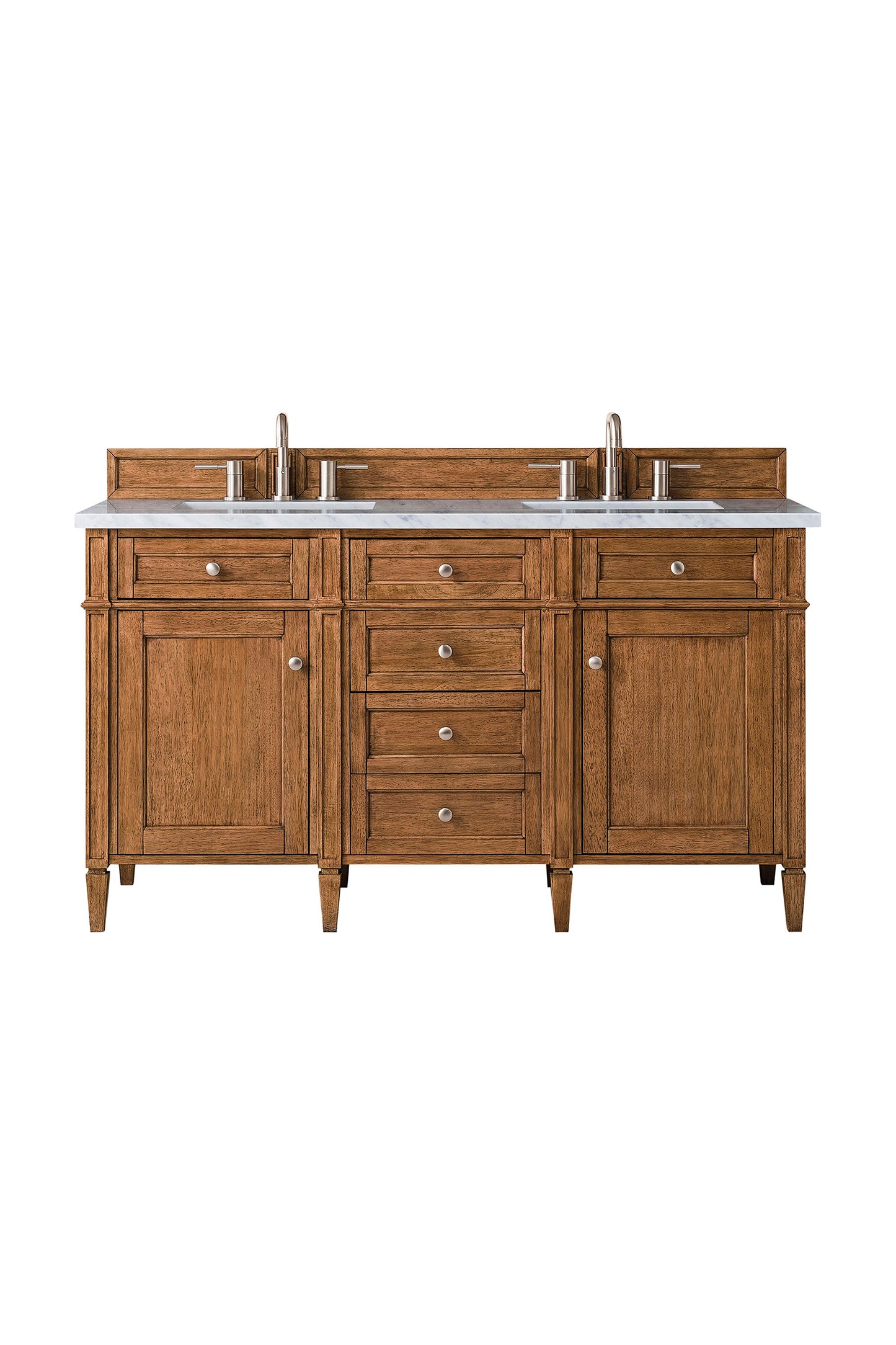 Brittany 60" Double Vanity, Saddle Brown w/ 3 CM Carrara Marble Top