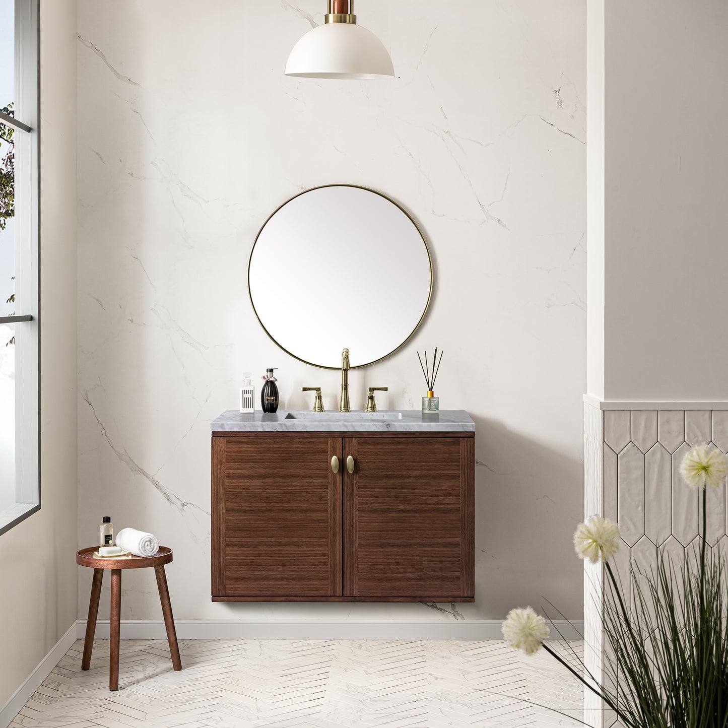 Amberly 36" Single Vanity, Mid-Century Walnut w/ 3 CM Carrara Marble Top