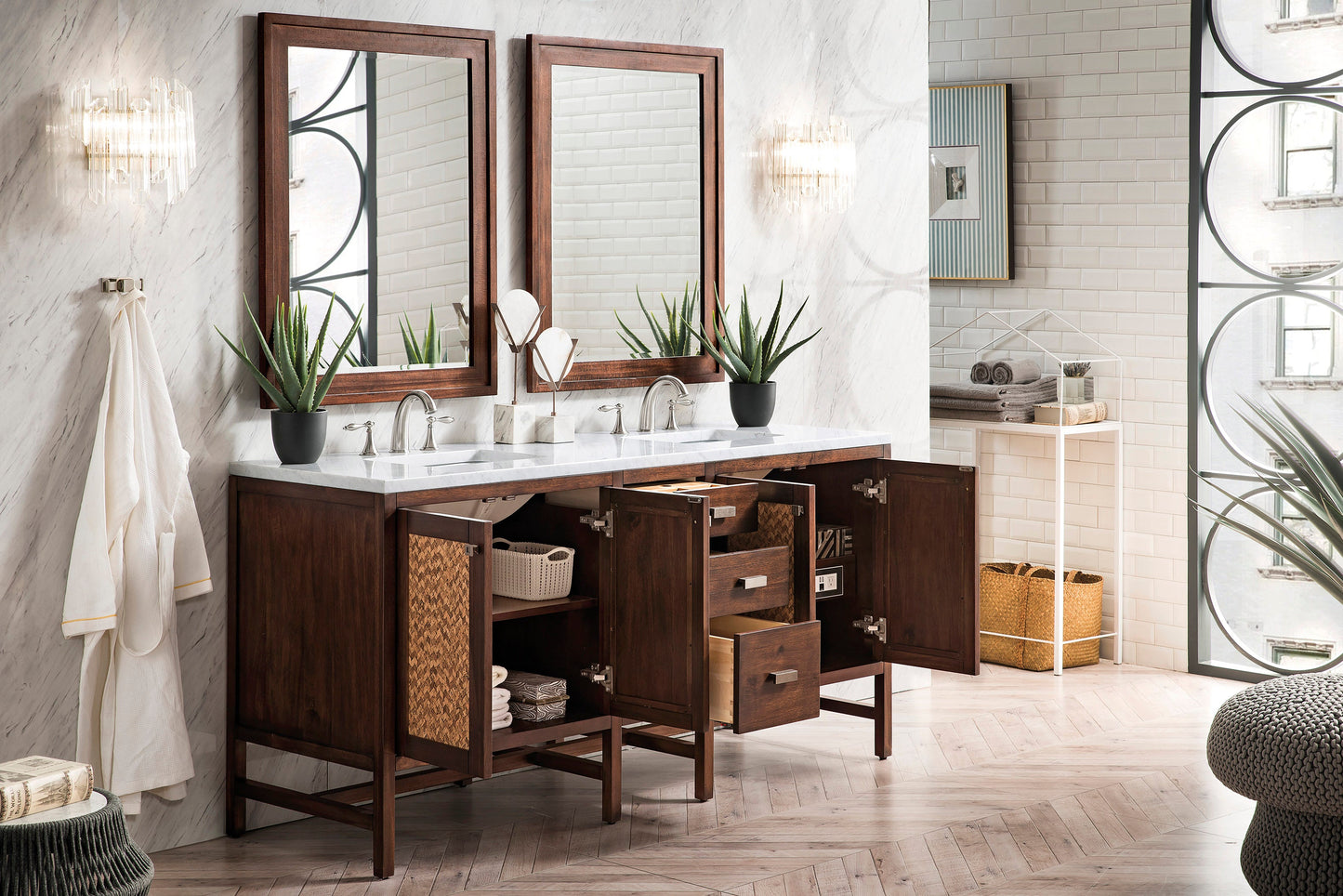 Addison 72" Double Vanity, Mid-Century Acacia w/ 3 CM Carrara White Top