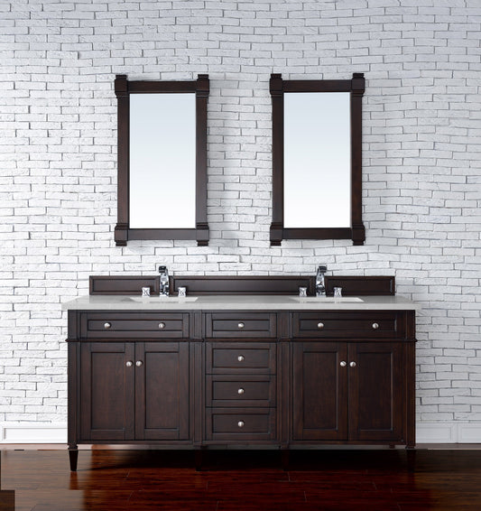 Brittany 72" Double Vanity, Burnished Mahogany w/ 3 CM Eternal Serena Quartz Top