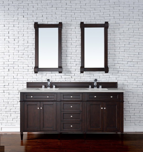 Brittany 72 Double Vanity, Burnished Mahogany w/ 3 CM Eternal Serena Quartz Top