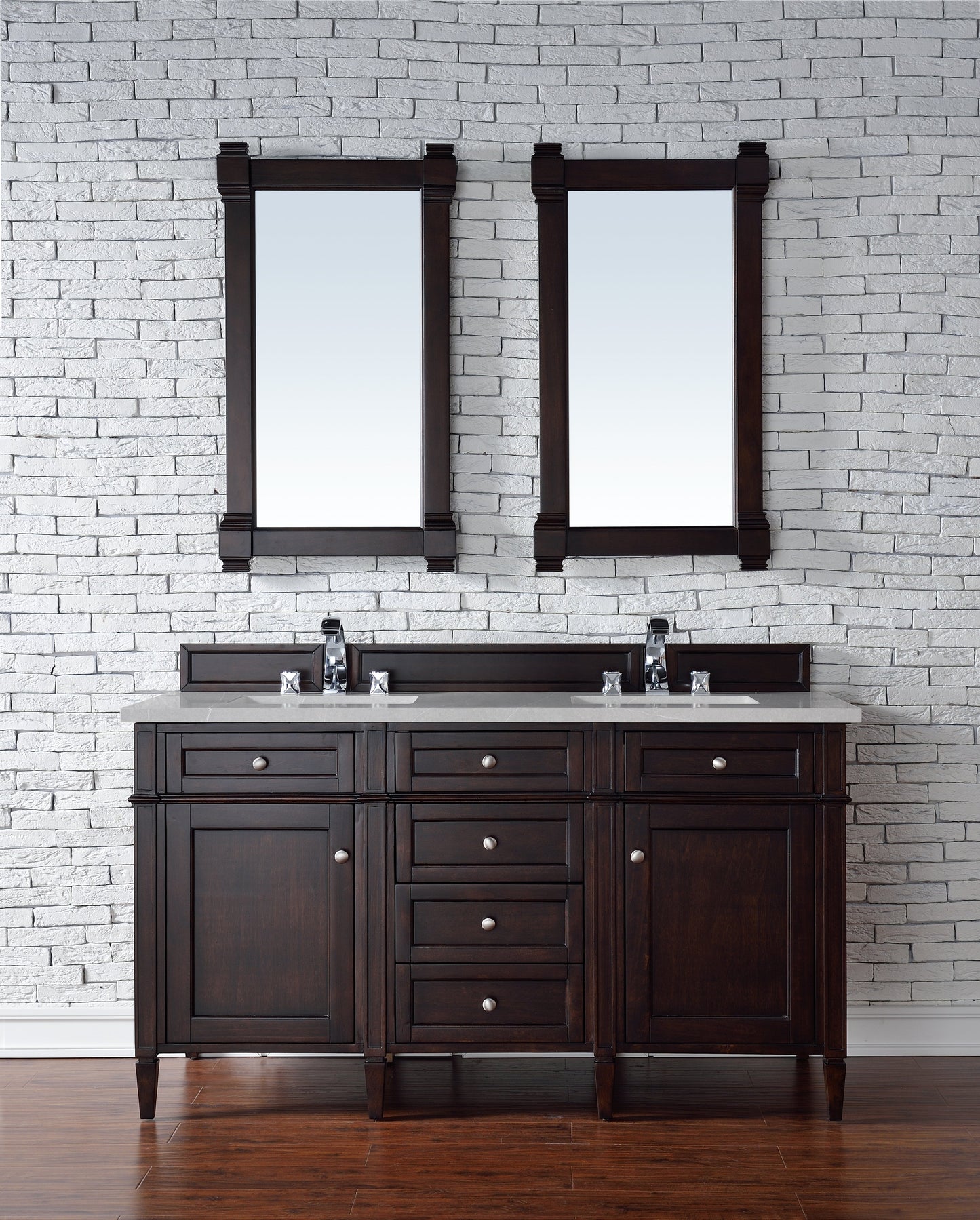 Brittany 60" Double Vanity, Burnished Mahogany w/ 3 CM Eternal Serena Quartz Top