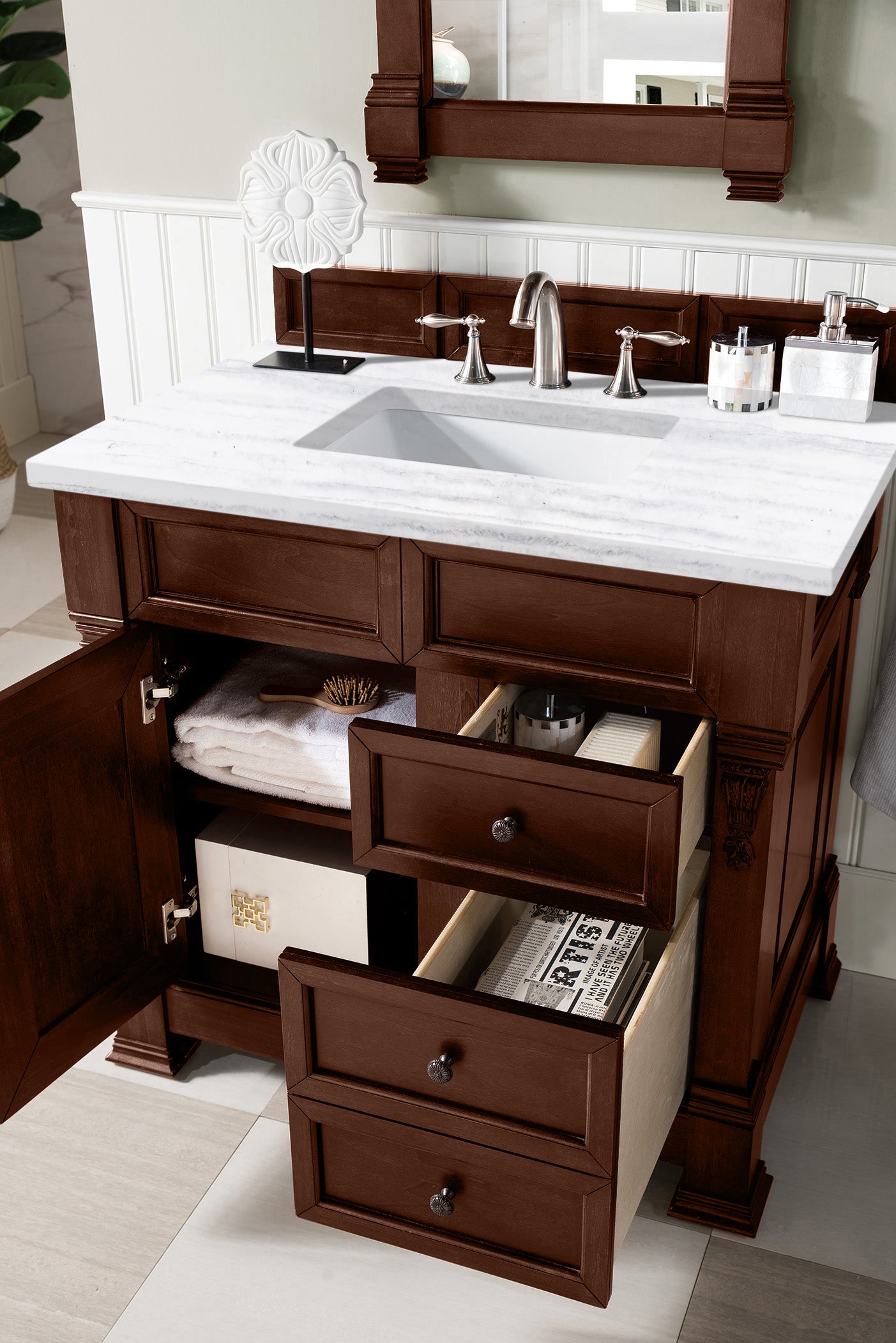 Brookfield 36" Single Vanity, Warm Cherry w/ 3 CM Arctic Fall Solid Surface Top