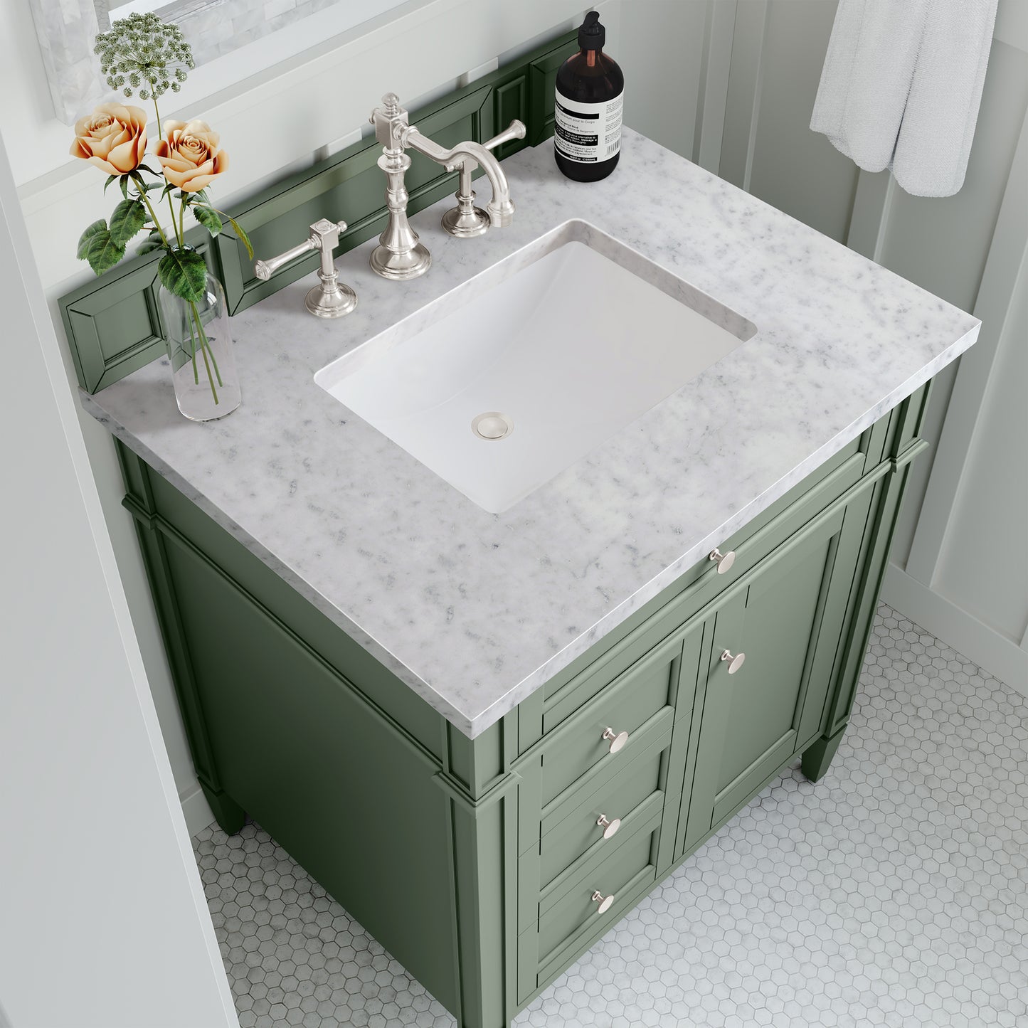 Brittany 30" Single Vanity, Smokey Celadon w/ 3 CM Carrara Marble Top