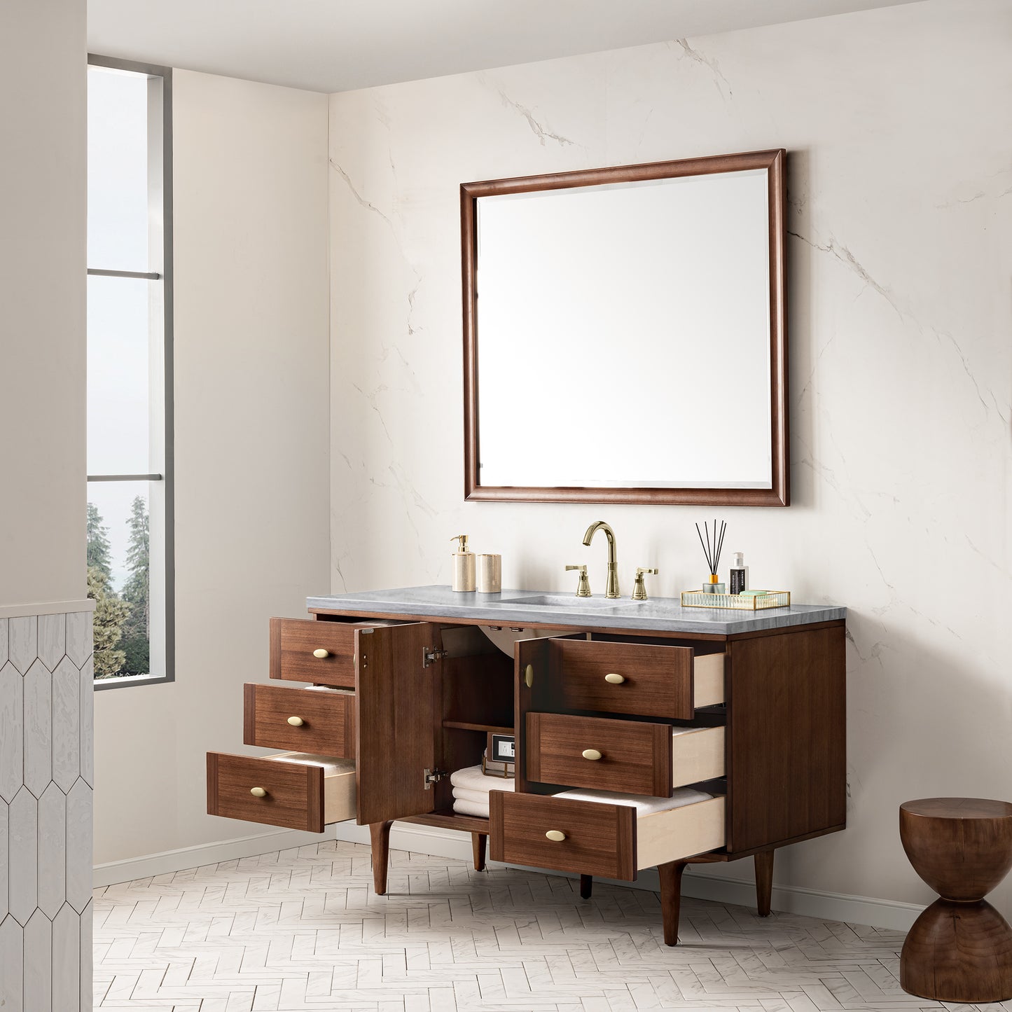 Amberly 60" Single Vanity, Mid-Century Walnut w/ 3 CM Arctic Fall Top