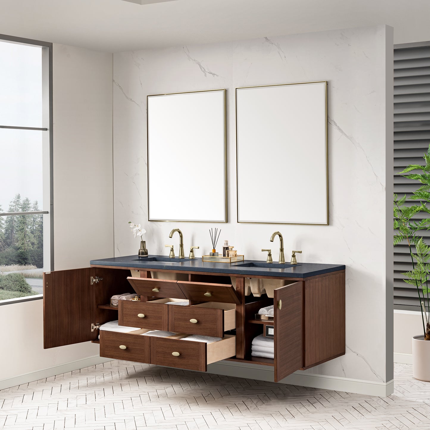 Amberly 72" Double Vanity, Mid-Century Walnut w/ 3 CM Charcoal Soapstone Top