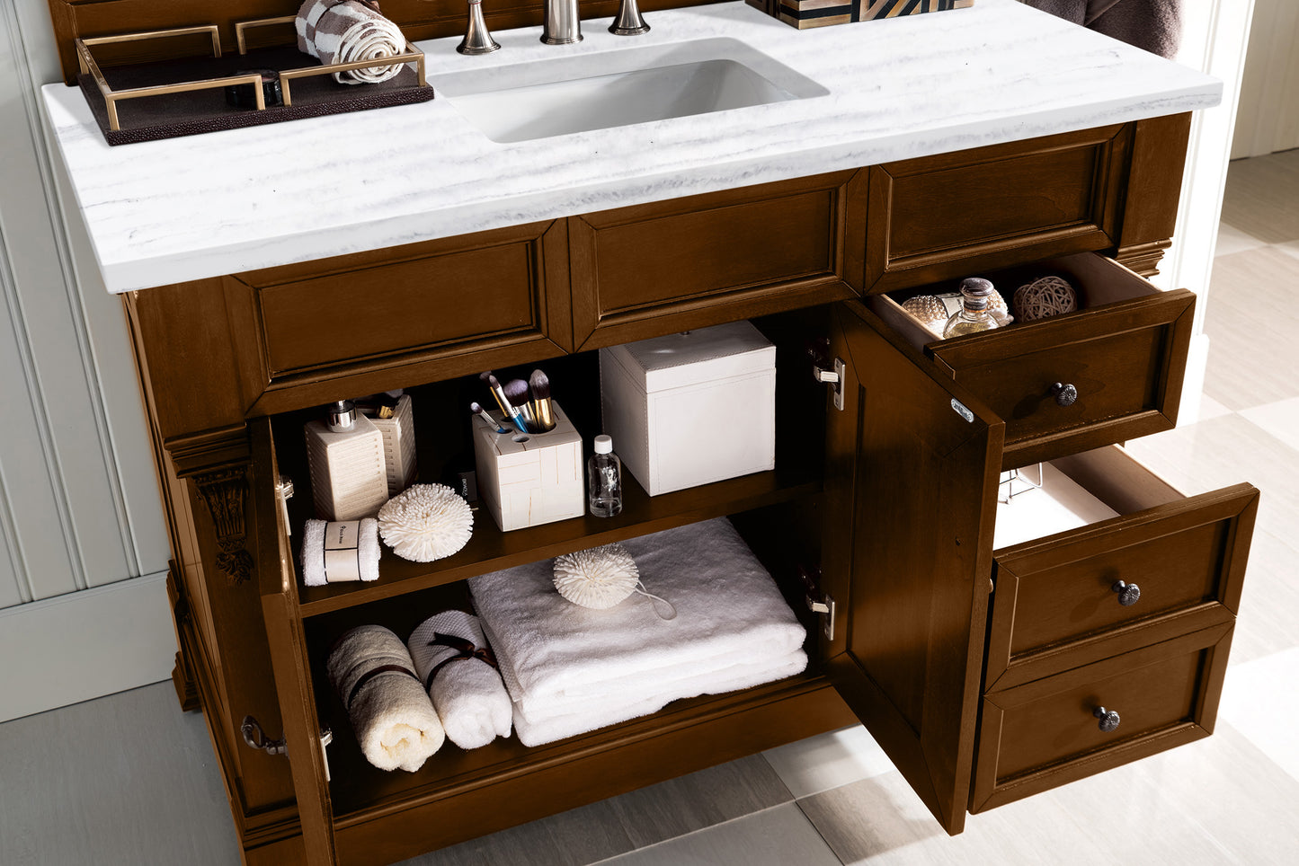 Brookfield 48" Single Vanity, Country Oak w/ 3 CM Arctic Fall Solid Surface Top