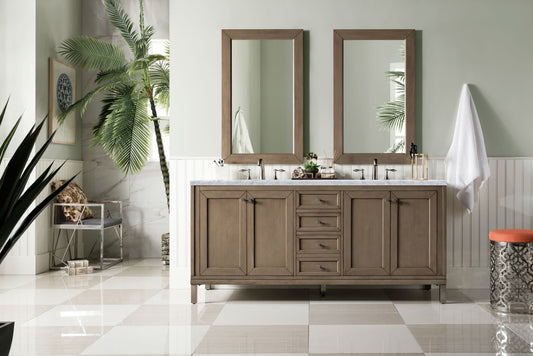 Chicago 72" Double Vanity, Whitewashed Walnut w/ 3 CM Carrara Marble Top