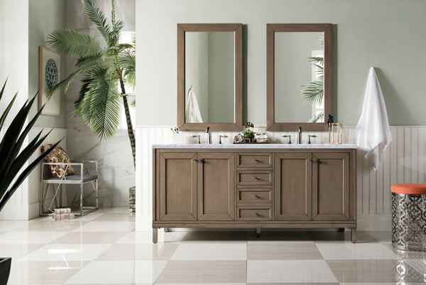 Chicago 72 Double Vanity, Whitewashed Walnut w/ 3 CM Carrara Marble Top