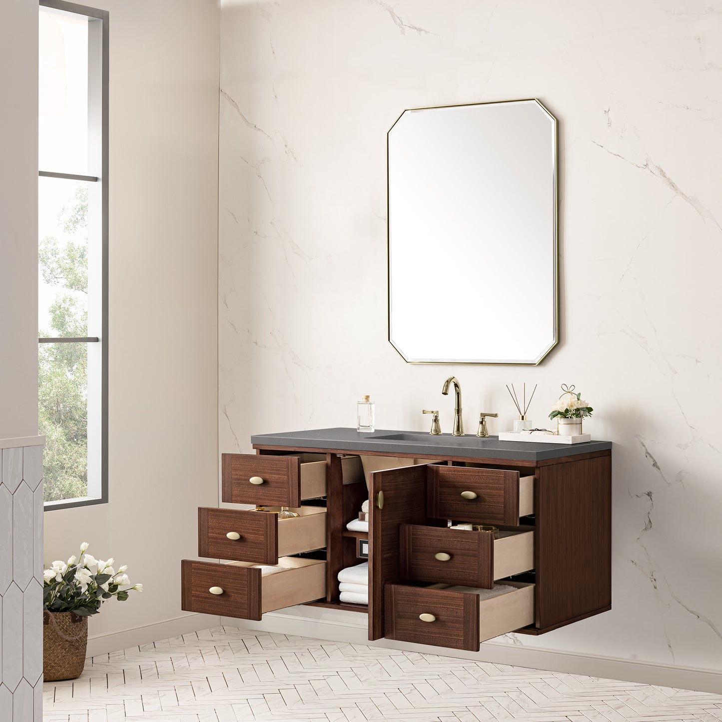 Amberly 48" Single Vanity, Mid-Century Walnut w/ 3 CM Grey Expo Top