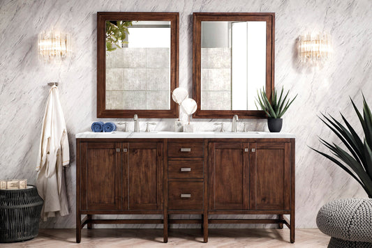 Addison 72" Double Vanity, Mid-Century Acacia w/ 3 CM Carrara White Top