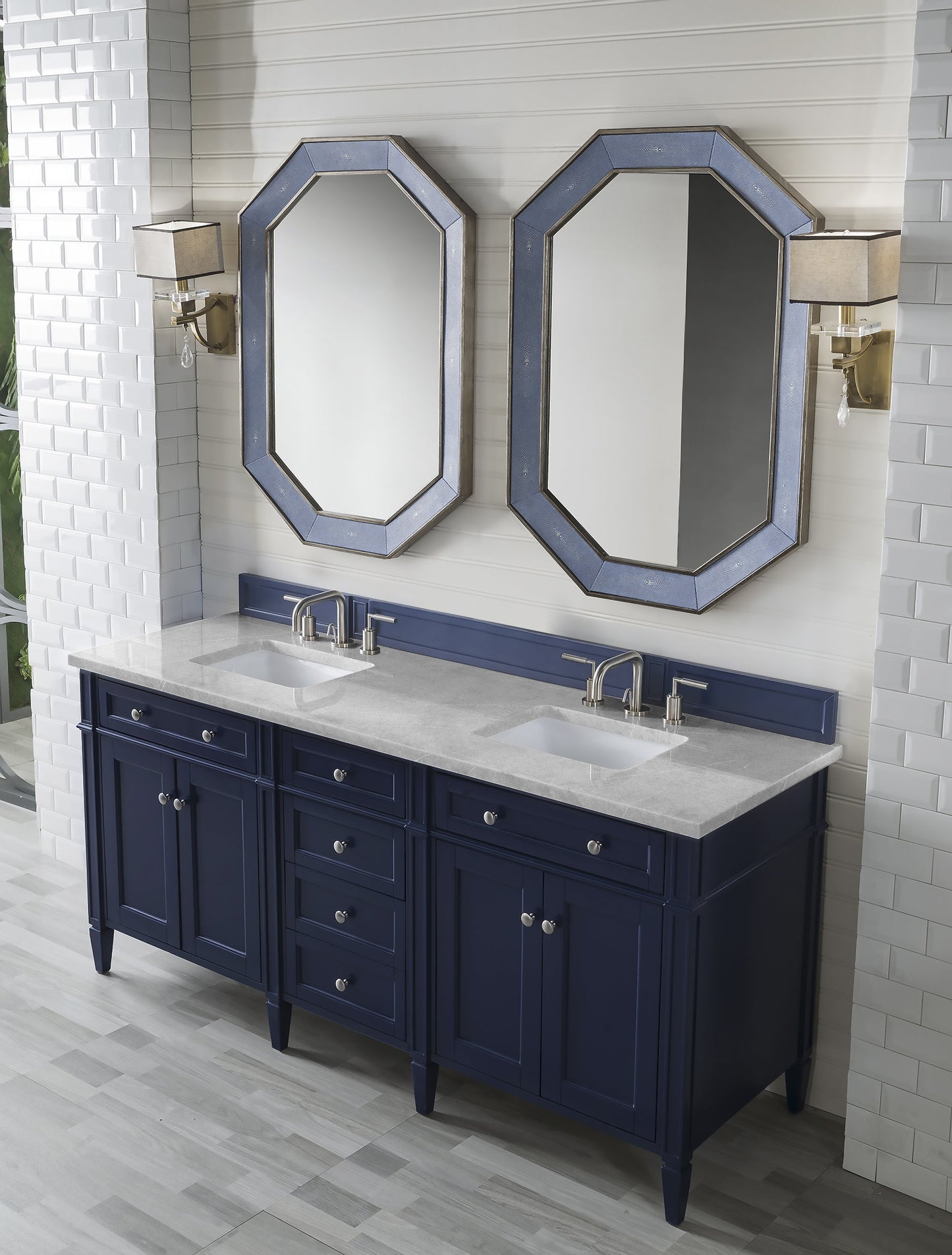 Brittany 72" Double Vanity, Victory Blue w/ 3 CM Eternal Serena Quartz Top