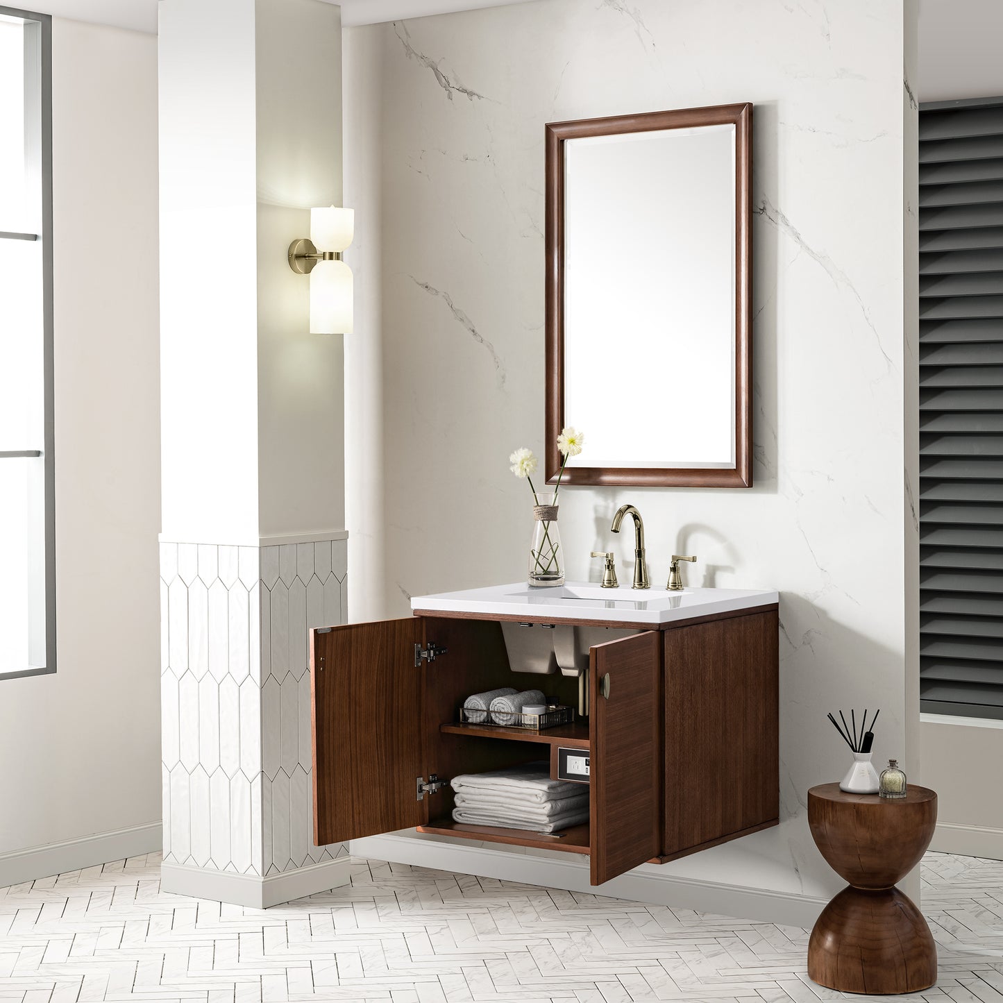 Amberly 30" Single Vanity, Mid-Century Walnut w/ 3 CM White Zeus Top