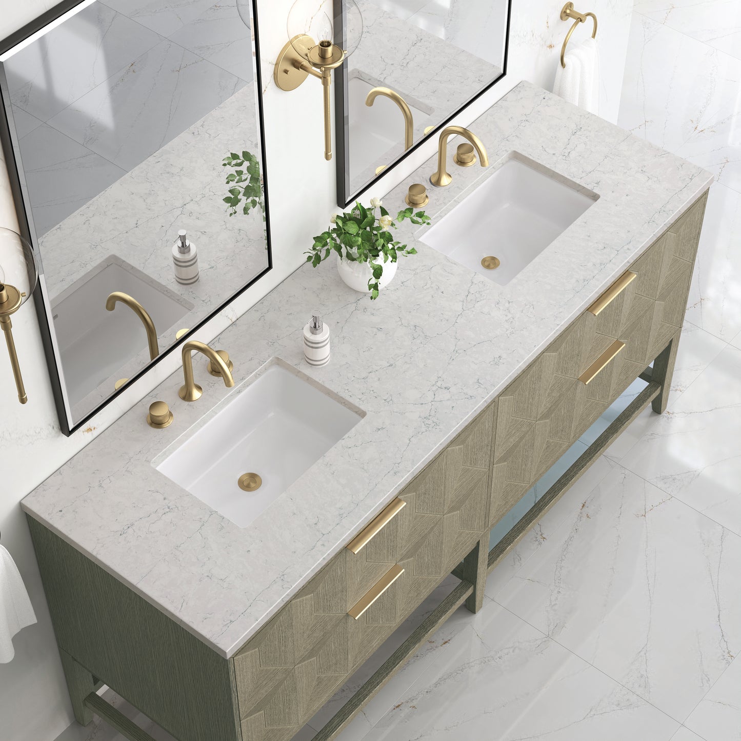 Emmeline 72" Double Vanity, Pebble Oak w/ 3 CM Eternal Jasmine Pearl Top