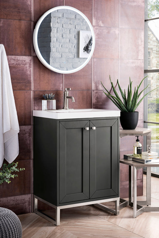 Chianti 24" Single Vanity, Mineral Gray, Brushed Nickel, w/ White Glossy Composite Stone Top