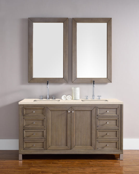 Chicago 60" Double Vanity, Whitewashed Walnut w/ 3 CM Eternal Marfil Quartz Top