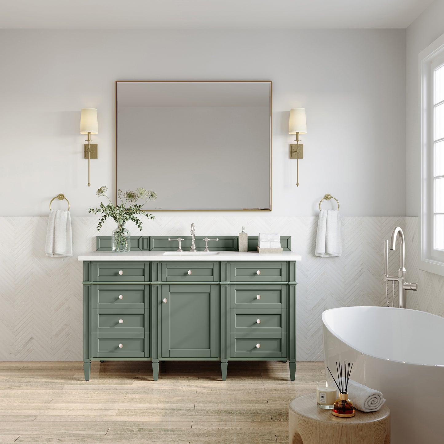 Brittany 60" Single Vanity, Smokey Celadon w/ 3 CM White Zeus Top