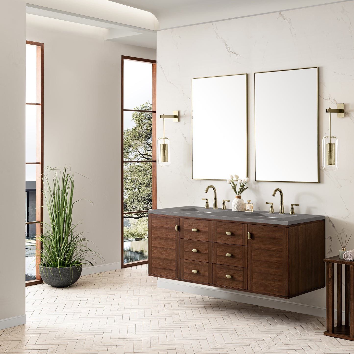 Amberly 60" Double Vanity, Mid-Century Walnut w/ 3 CM Grey Expo Top