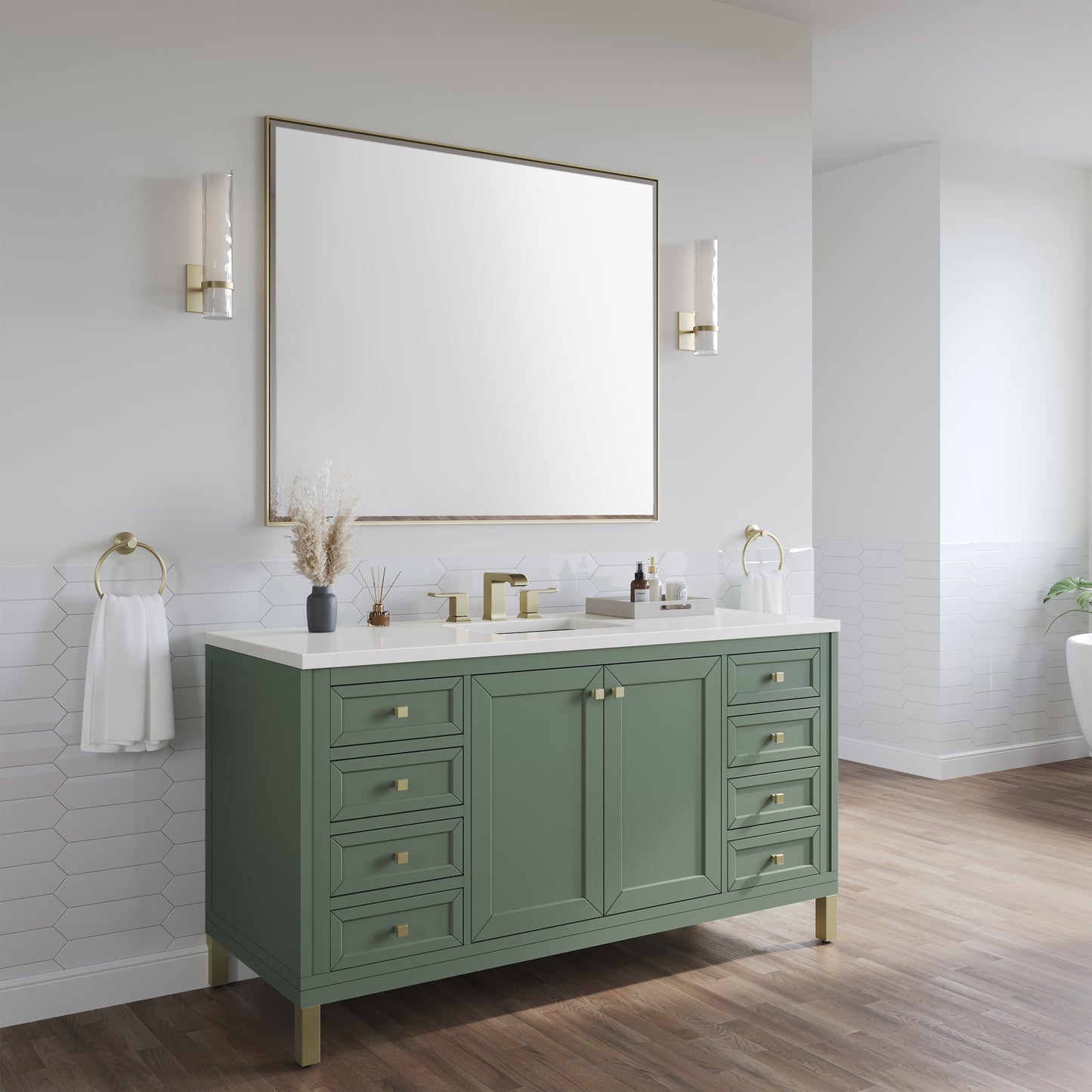 Chicago 60" Single Vanity, Smokey Celadon w/ 3 CM White Zeus Top