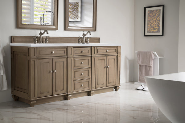 Bristol 72 Double Vanity, Whitewashed Walnut w/ 3 CM Carrara Marble Top