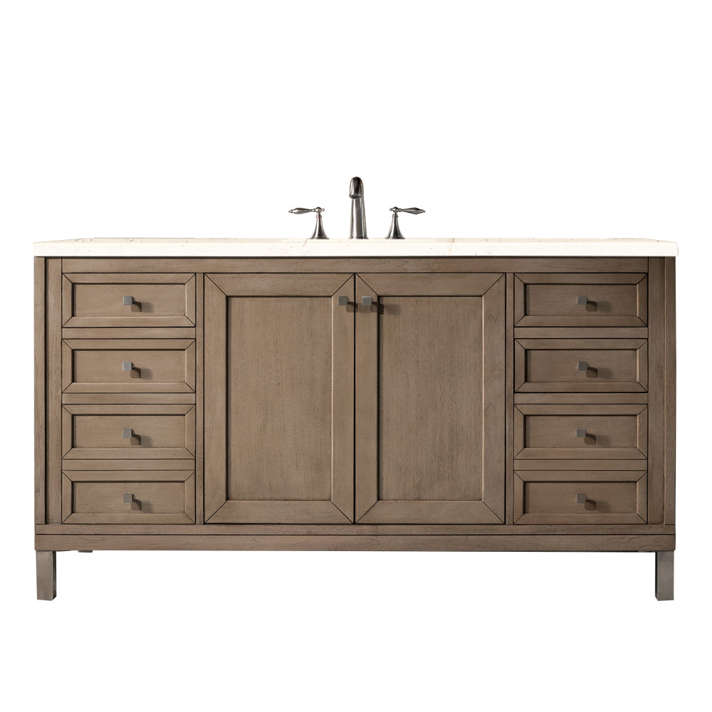 Chicago 60" Single Vanity, Whitewashed Walnut w/ 3 CM Eternal Marfil Quartz Top