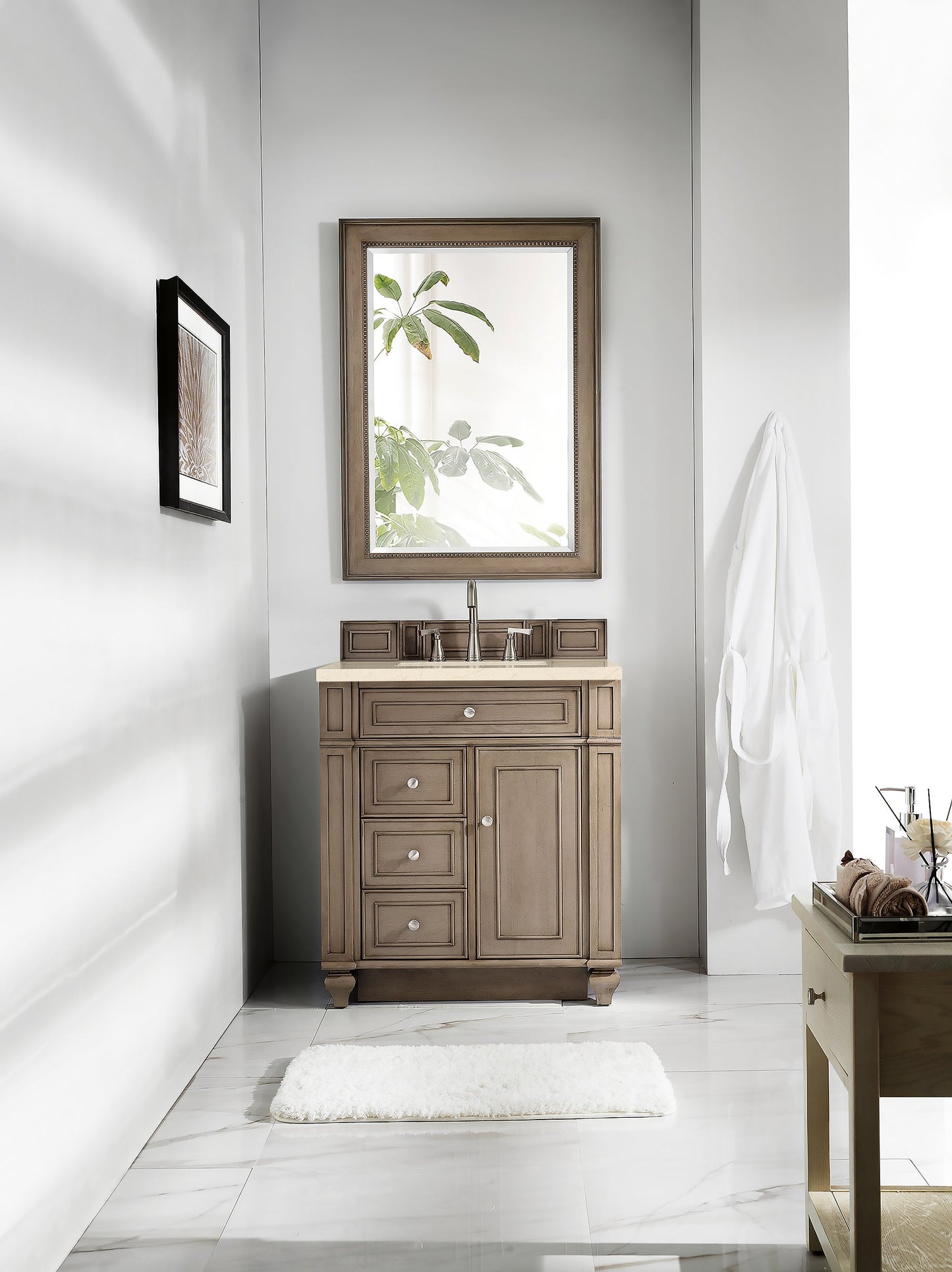 Bristol 30" Single Vanity, Whitewashed Walnut w/ 3 CM Eternal Marfil Quartz Top