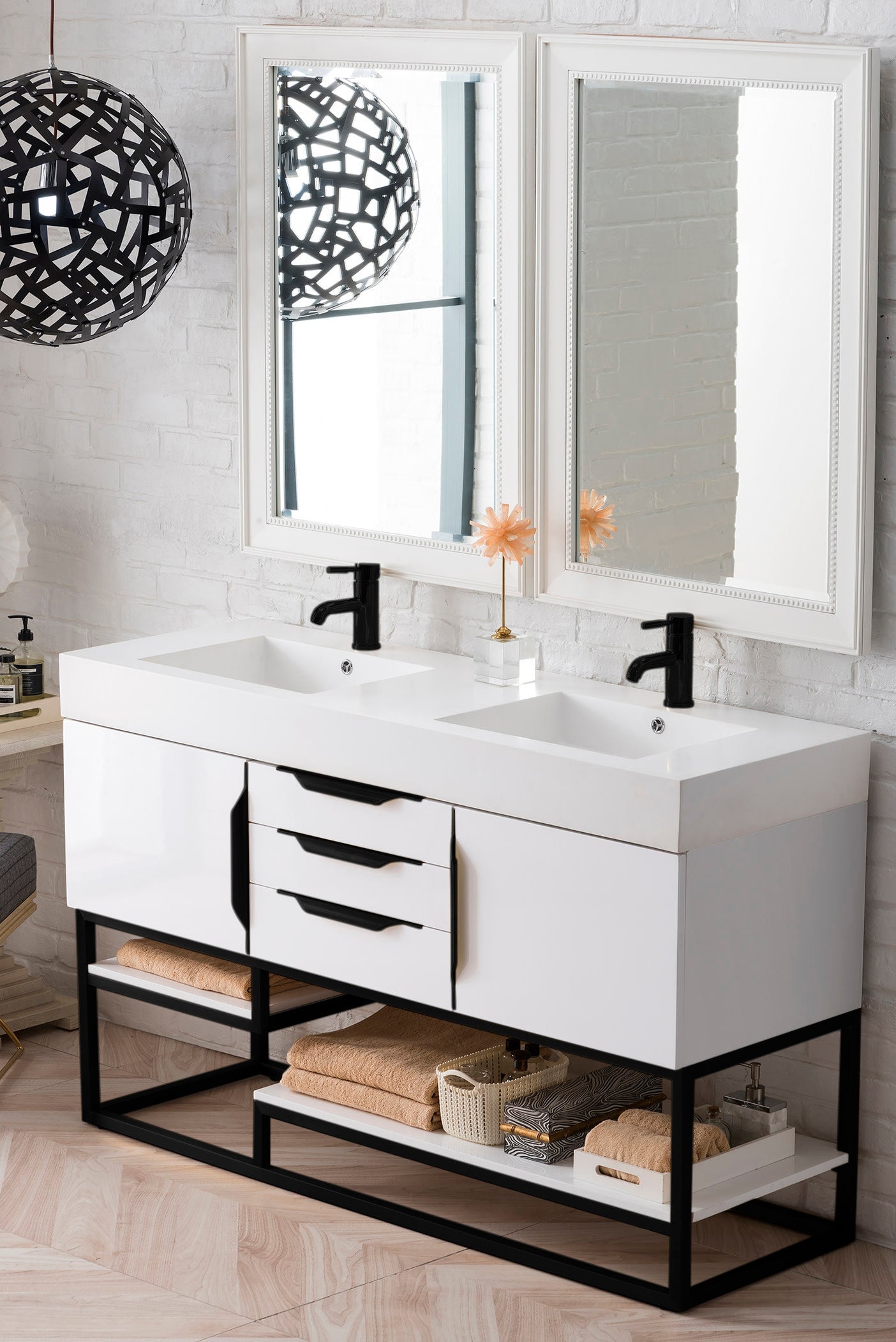 Columbia 59" Double Vanity, Glossy White, Matte Black w/ Glossy White Composite Stone Top