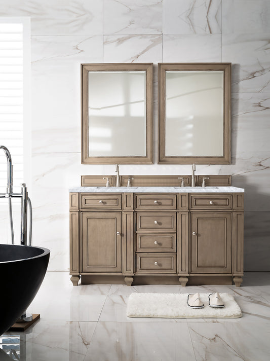 Bristol 60" Double Vanity, Whitewashed Walnut w/ 3 CM Carrara Marble Top