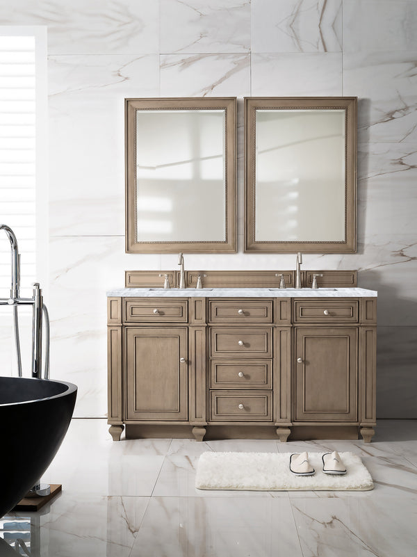 Bristol 60 Double Vanity, Whitewashed Walnut w/ 3 CM Carrara Marble Top